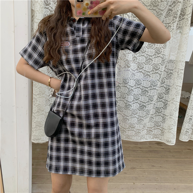 VK旗艦店 韓系格紋復古文藝polo短袖洋裝
