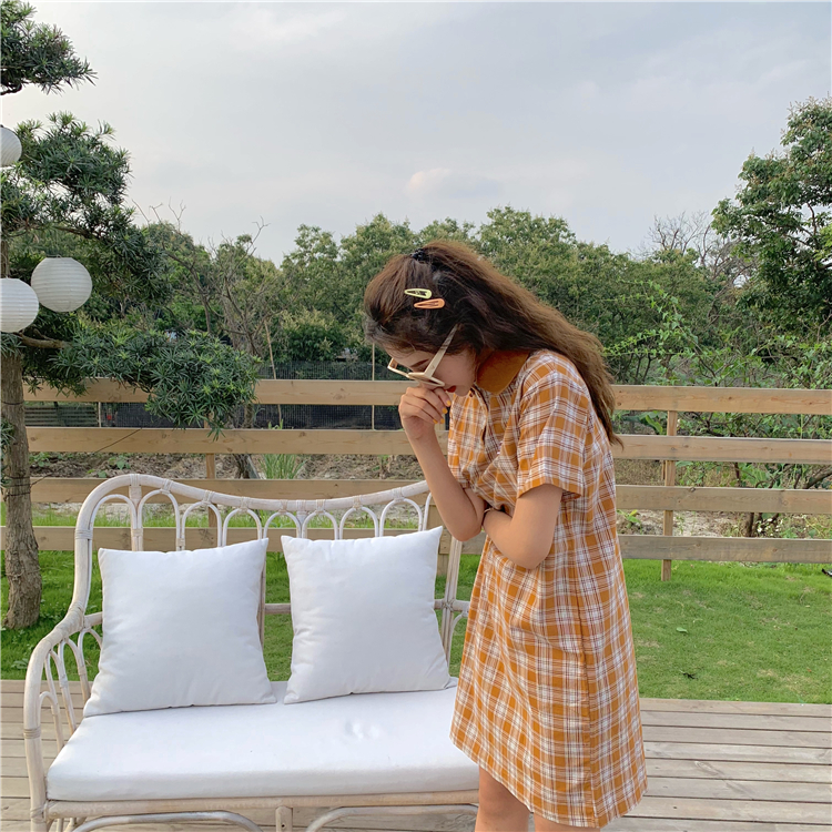 VK旗艦店 韓系格紋復古文藝polo短袖洋裝