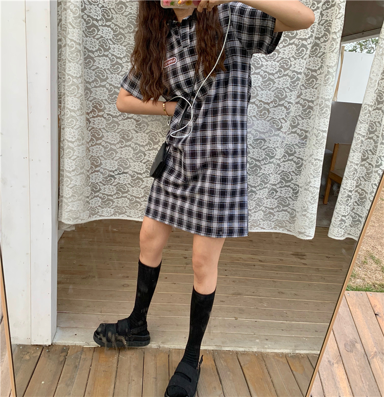 VK旗艦店 韓系格紋復古文藝polo短袖洋裝