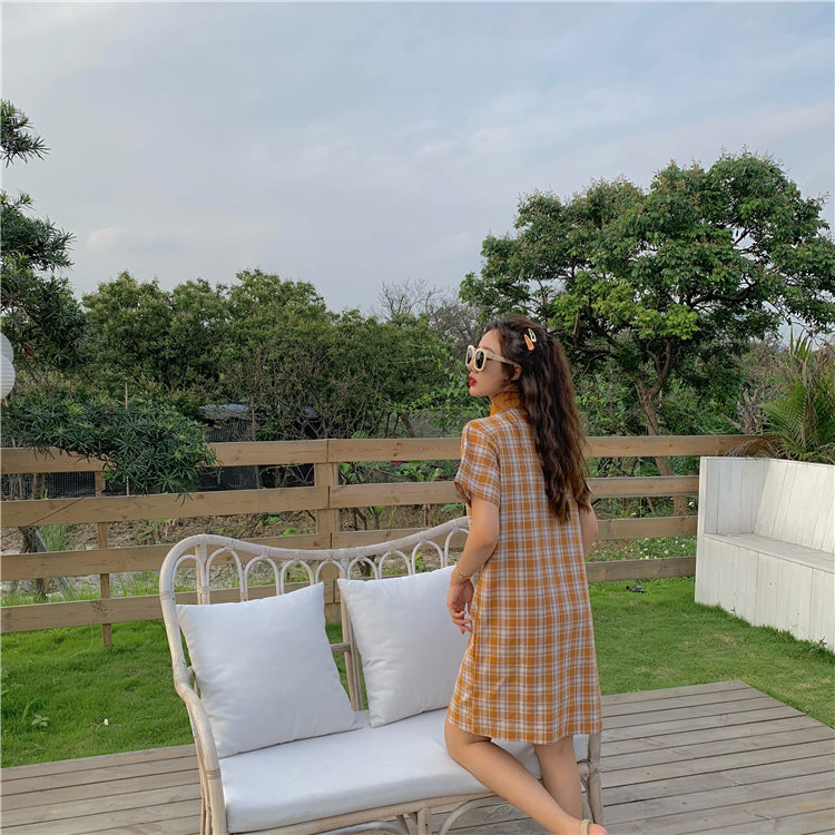 VK旗艦店 韓系格紋復古文藝polo短袖洋裝