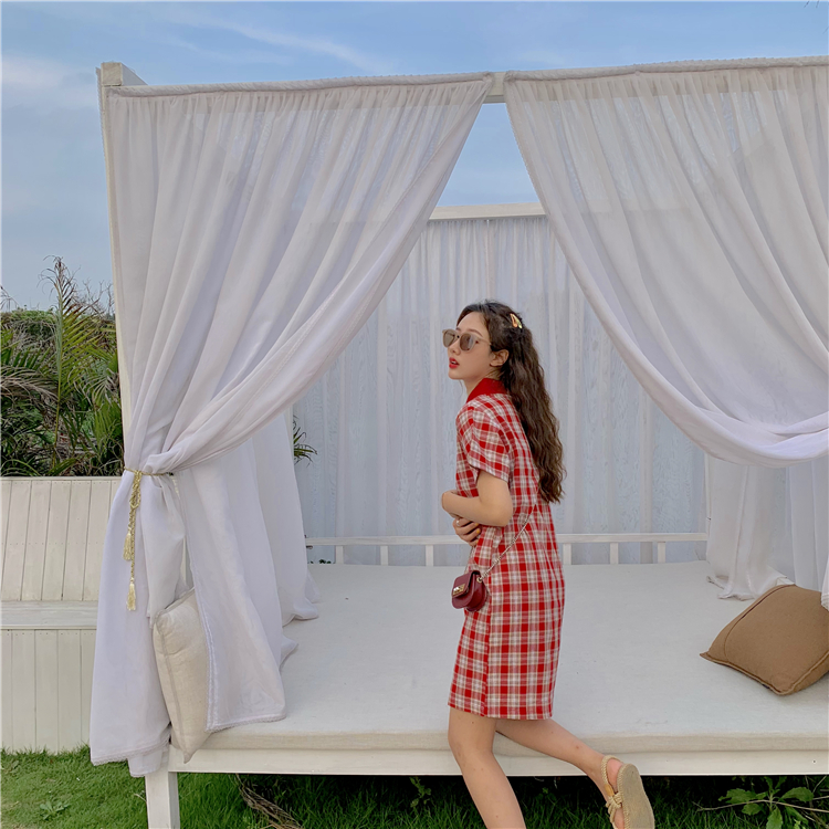 VK旗艦店 韓系格紋復古文藝polo短袖洋裝