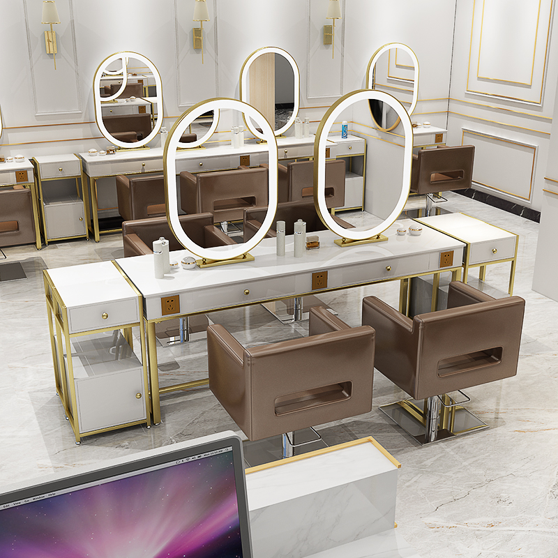 Marble hairdresser's mirror table light luxury hair salon cut hair perm dyed oval single-sided double-sided mirror with lamp