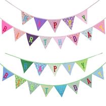 Pink yellow and green 4 colors Happy Birthday triangular hanging flag photo background childrens birthday party cloth string flag