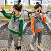 Girl Net red suit foreign atmosphere trend 2021 new autumn dress big children fashionable little girl denim three sets
