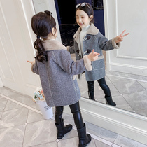 Girl woolen coat 2021 New Korean version of foreign-style childrens autumn and winter clothes in the big Children girl thousand bird grid coat