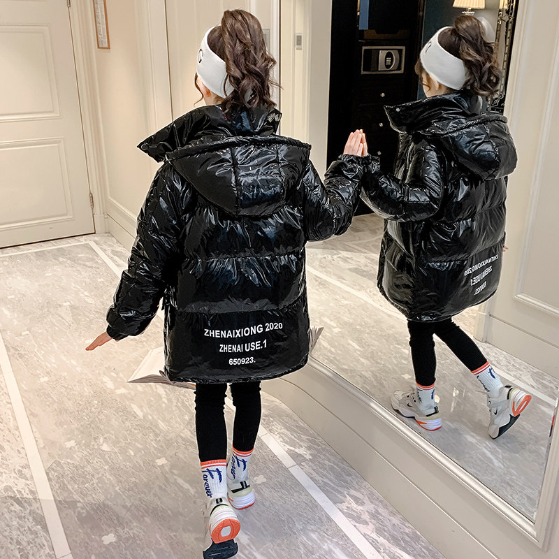 Girl Bright Face Cotton Coat 2022 New Foreign Palate Big Boy Winter Clothing Thickened Cotton Padded Jacket Long Version Net Red Down Cotton Clothing