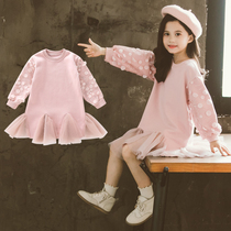 Girls autumn and winter sweater skirt 2021 New Korean version of foreign style long plus velvet padded medium childrens dress