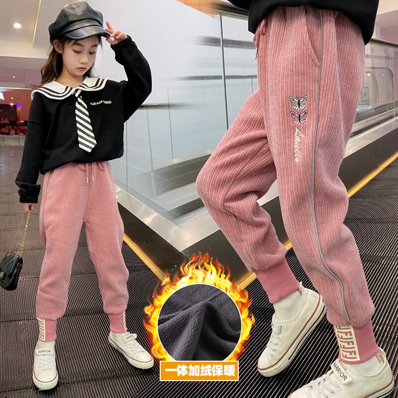 Girls' pants autumn and winter girls loose Western style plus velvet thick outer wear middle and big children's winter corduroy children's trousers