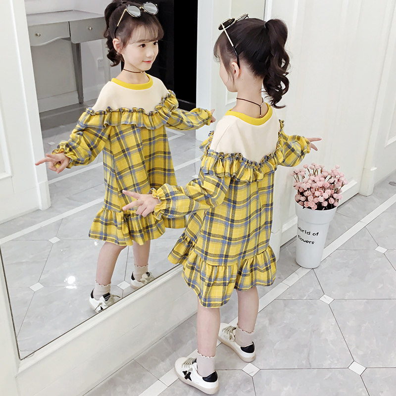 Girl Spring Dress SuperOcean Plaid dress Children 2022 Chunqiu Long sleeves Shirt dress Girl clothing Net Red Skirt Tide