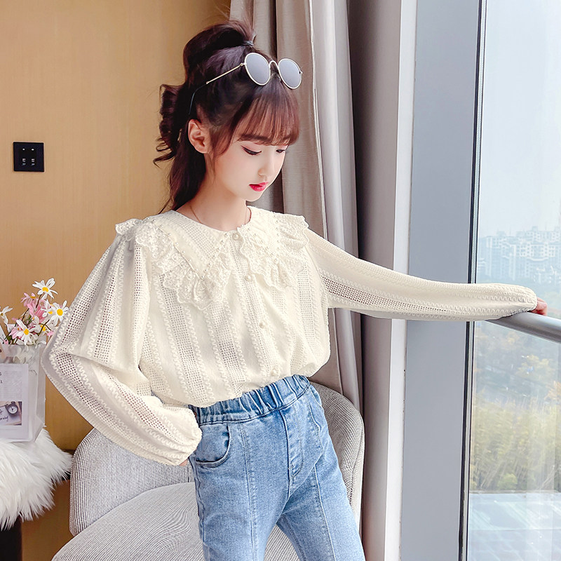 Girl White Shirt 2022 Autumn Dress New Children Han Edition 100 Hitch Shirt Lace-Turned Doll Cardiovert Blouse Blouse