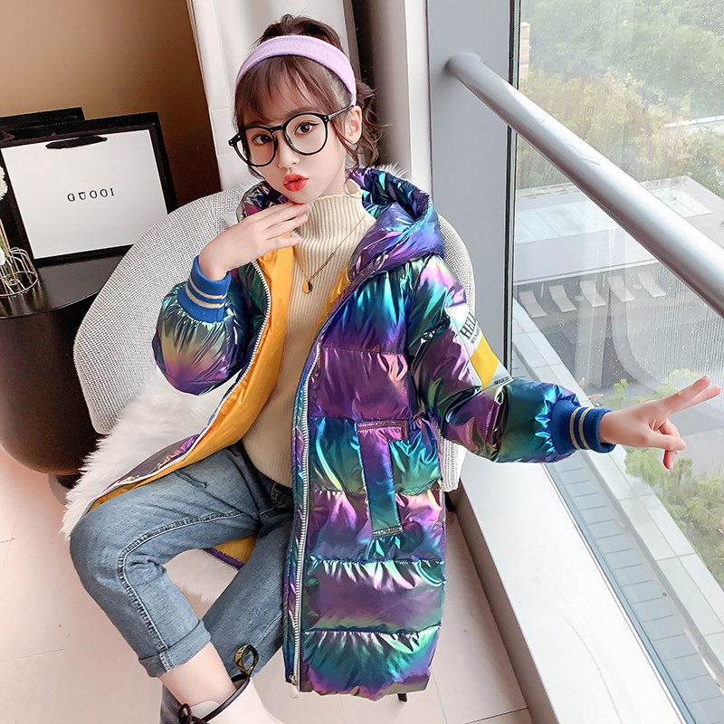 Girls' autumn and winter coats in 2021 new bright leather cotton down cotton coats big children's thickened cotton-padded jacket mid-length fashion