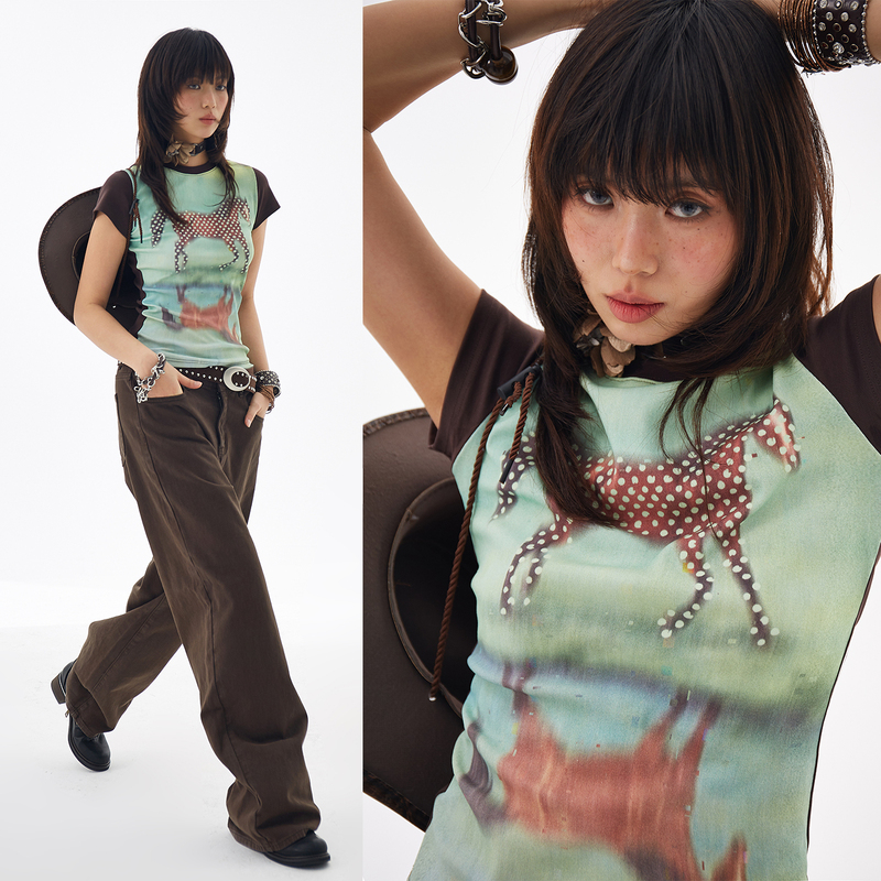 Dbsc American Retro Summer Digital Direct-Print Full-Print Graffiti Polka Dot Color-Block Slim Fit Regular Shoulder T-Shirt Short Sleeve for Women