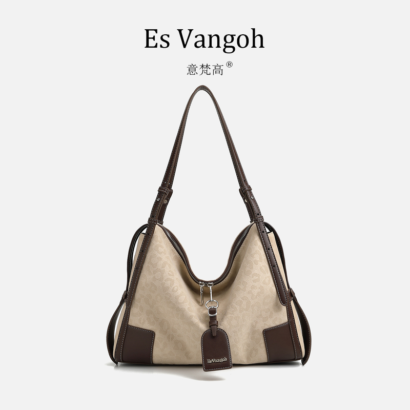 Esvangoh/Italian Van Gogh Beige and Brown Color-Blocked Women's Vintage Flap Lock Drawstring Shoulder Bag Esvangoh/Italian Van Gogh Beige and Brown Color-Blocked Women's Vintage Flap Lock Drawstring Shoulder Bag