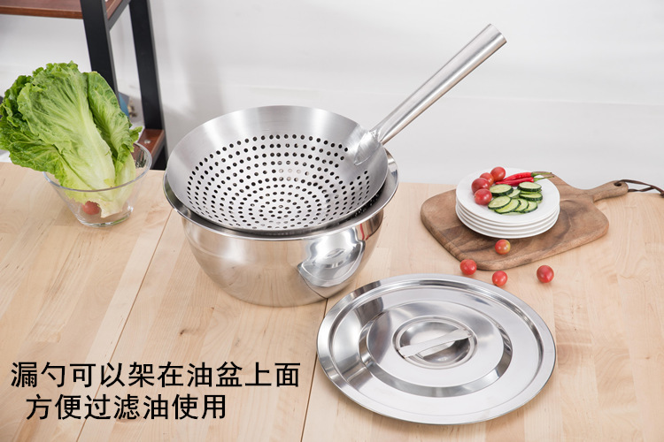 Dày chiên lẩu lớn colander kích thước lớn thép không gỉ đầu bếp dầu trống bị rò rỉ nhà bếp khách sạn bộ lọc lớn lưới kệ gia vị 2 tầng