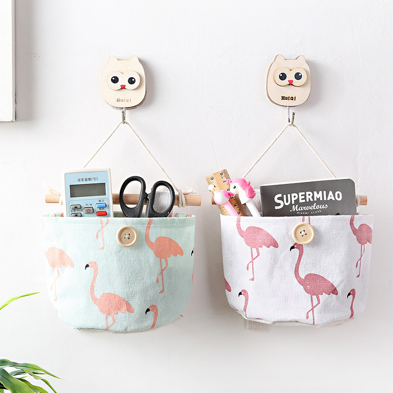 Cute cotton and linen fabric storage hanging bag home dormitory back door wall hanging storage bag hanging pocket wall hanging storage bag