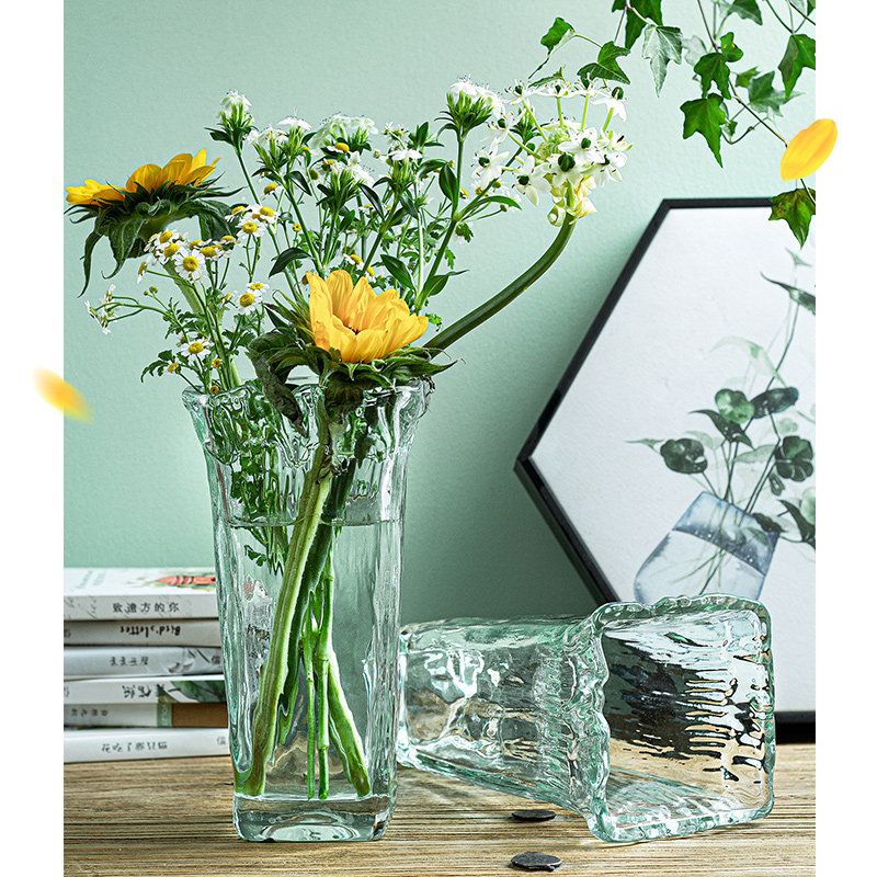 Light luxury high-end square vase transparent hydroponic ins ornaments high-end hydroponic French flower arrangement 2021 glass bottle