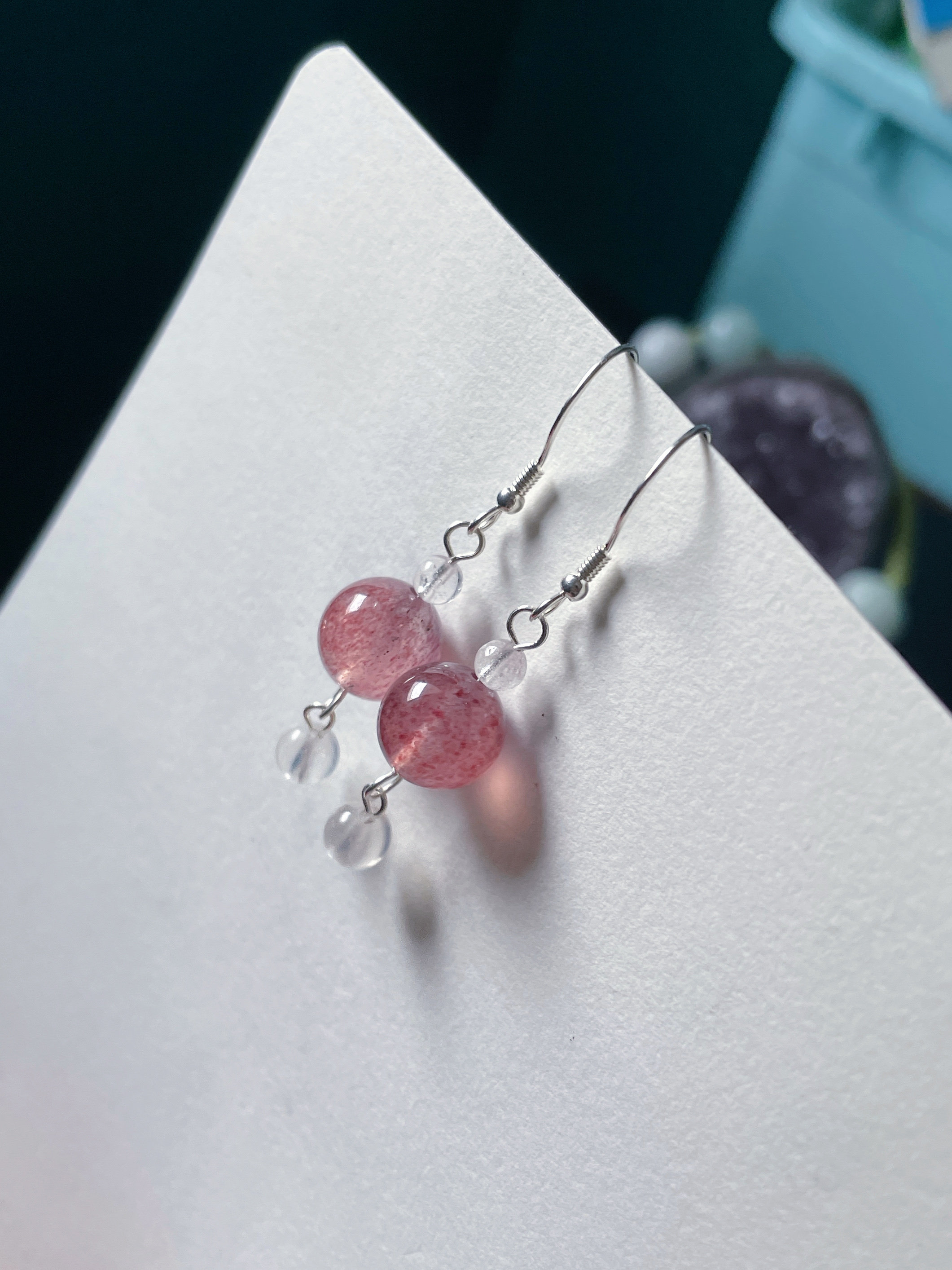 Серьги 天然水晶耳坠925纯银旺爱情粉草莓晶蓝月光耳钩耳环桃花耳饰服装配饰