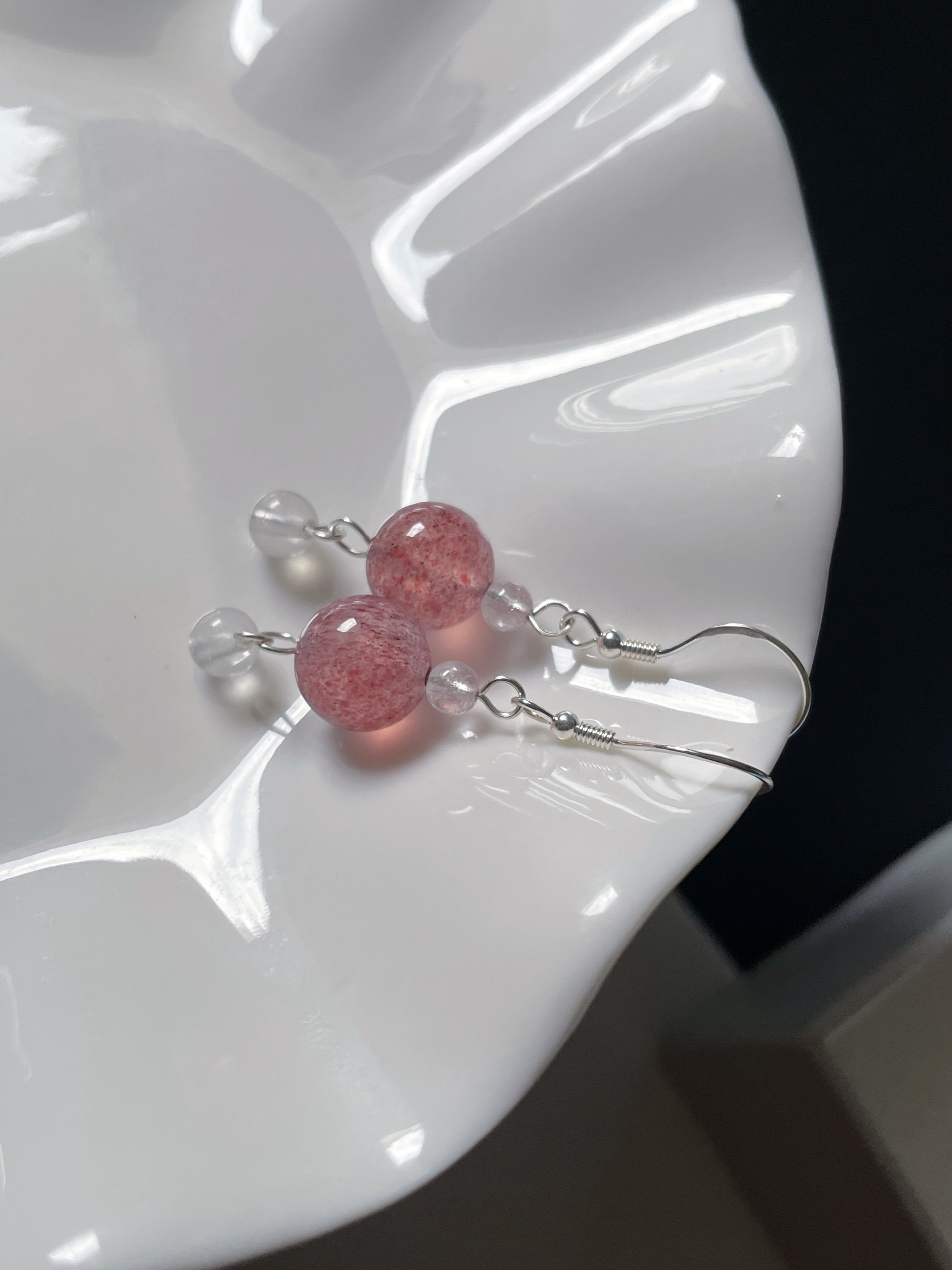 Серьги 天然水晶耳坠925纯银旺爱情粉草莓晶蓝月光耳钩耳环桃花耳饰服装配饰