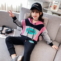 UK Next Kiss girls 2021 new spring color matching hooded middle and large childrens fashion casual sports suit