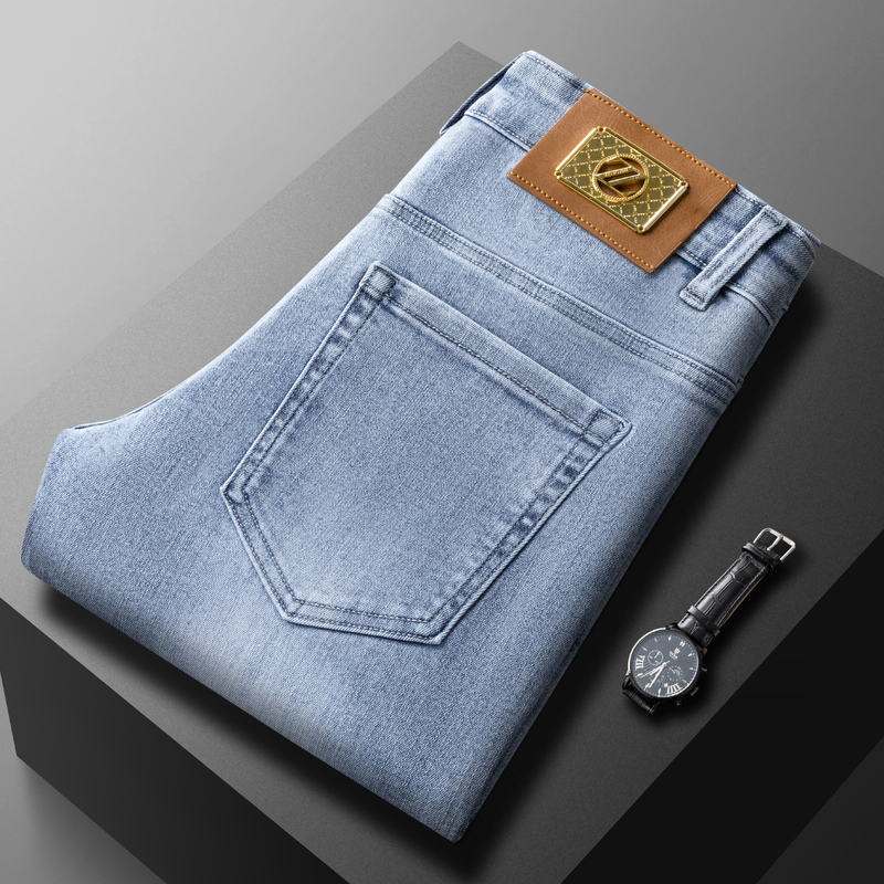 High-End Spring and Autumn Thick Light Luxury Style Mid-Waist Cropped Jeans for Men, Slim Straight-Leg Trousers, Trendy Brand Business Casual Pants