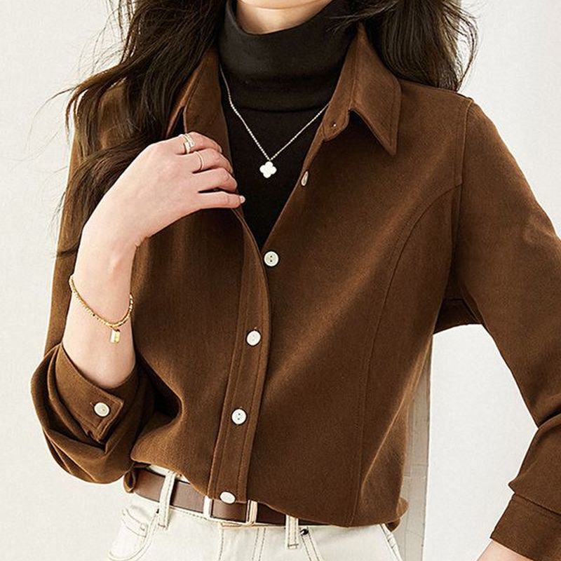 High-End Maillard Coffee-Colored Thickened Brushed Flannel Shirt for Women, Long-Sleeved, New Autumn and Winter Style, Warm Layering Base Shirt