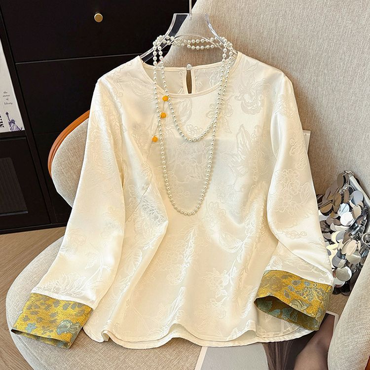 New Chinese-Style Jacquard Long-Sleeve Shirt for Women, 2025 New Autumn Zen-Inspired Tea Wear, Elegant and Stylish Base Top
