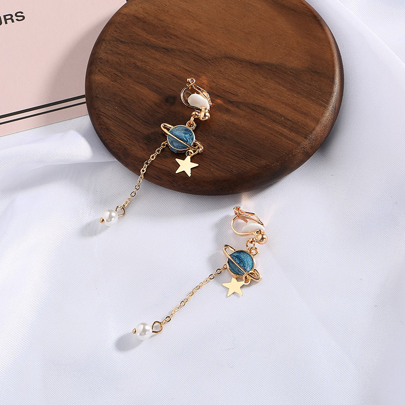 Blue planet universe earrings Korean temperament wild long tassel pearl earrings without ear piercings ear clip earrings female