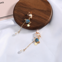Blue Planet universe earrings Korean temperament Joker long tassel pearl earrings without ear clip earrings earrings female