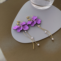 Taro purple flower earrings fashion petals temperament earrings Pearl tassel personality mosquito coil earring ear clip