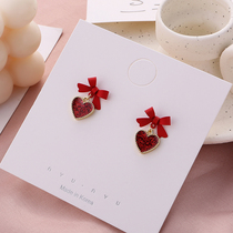 Wine red sequins love bow earrings girl sweet earrings student temperament simple earrings ear clip no earrings female