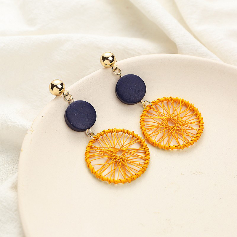 Korean yellow geometric ring long earrings made of logs exaggerated trendy temperament earrings ear clips without ear holes for women