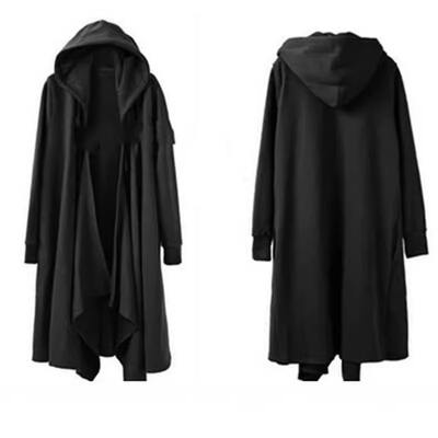 Spring large-sized trench coat for men, fleece mid-length knee-length hooded wizard black robe cape hooded overcoat