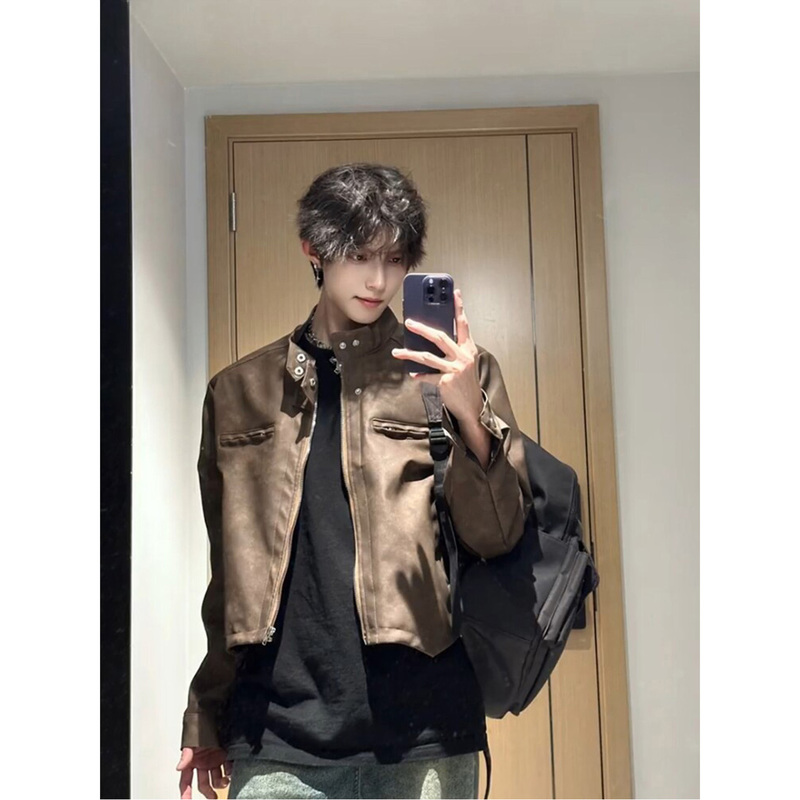 Meilade Wears a High-Street Cool Jacket for Men, Pu Leather Jacket, Niche Design, Trendy Brand, Short Jacket for Men, Retro Brown
