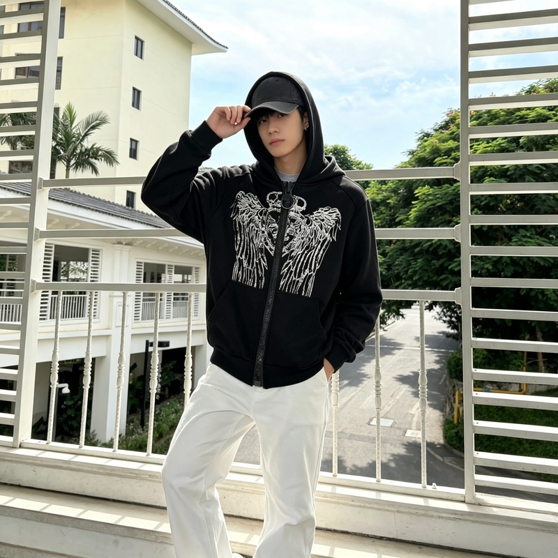 Subculture Dark Style Large Zipper Dark Pattern Crown Wings Print Hooded Cardigan Sweatshirt Men's Spring and Autumn Casual Jacket Subculture Dark Style Large Zipper Dark Pattern Crown Wings Print Hooded Cardigan Sweatshirt Men's Spring and Autumn Casual Jacket