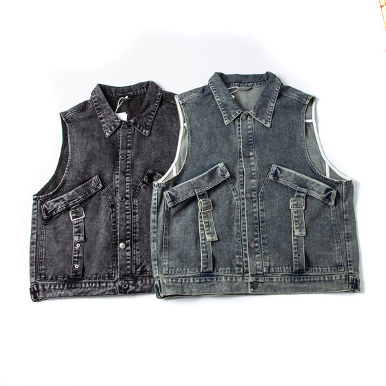 春秋季牛仔马甲男士复古做旧大码无袖马夹坎肩工装大口袋背心外套