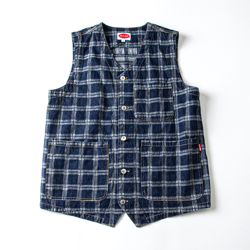 Japanese Retro American Casual Washed Amekaji Heavy Denim Plaid Denim Workwear Couple Vest