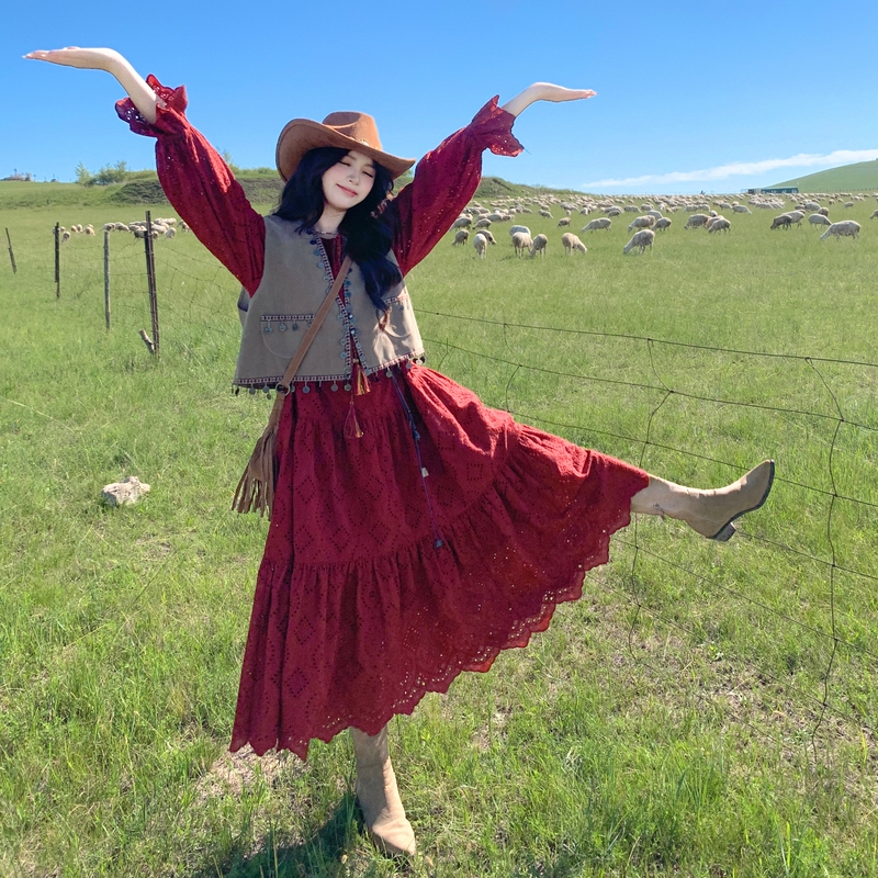Red Long-Sleeved Suit for Women, Spring and Autumn, Xishuangbanna, Yunnan, Dali Travel Outfit, Lijiang Vest Dress, Long Skirt Red Long-Sleeved Suit for Women, Spring and Autumn, Xishuangbanna, Yunnan, Dali Travel Outfit, Lijiang Vest Dress, Long Skirt