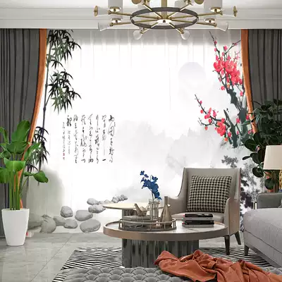 New Chinese Zen Mountain Ink Painting Famous Dining Room Tea Room Glass Window Transparent Living Room Curtain Semi-shading Curtain
