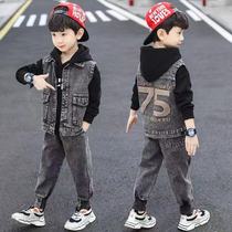 Boy Clothing Spring Loaded Boy Cowboy Suit Spring Autumn 2022 New CUHK Child Handsome Kids Handsome Fall Vest Three Sets
