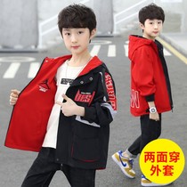 Boys spring reversible wear coat spring and autumn 2023 new childrens hooded windbreaker reversible wear medium and big childrens top trend