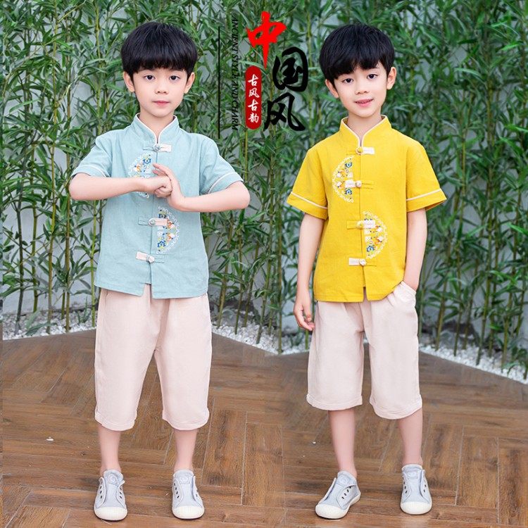 Children's ancient costume cotton and linen suit short-sleeved boy summer Hanfu 2022 new summer Chinese style Tang suit performance clothing