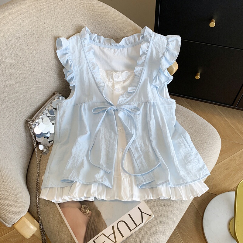 High-End Brand Women's Clothing with Cut Labels, Korean-Style Plaid Faux Two-Piece Shirt, Summer Ruffled Sleeveless Tank Top