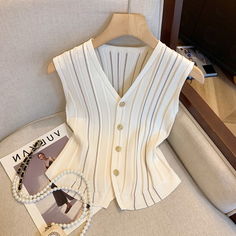 High-End Women's Striped V-Neck Knitted Vest with Contrasting Colors, Originally from a Department Store, Now Available as a Clearance Item