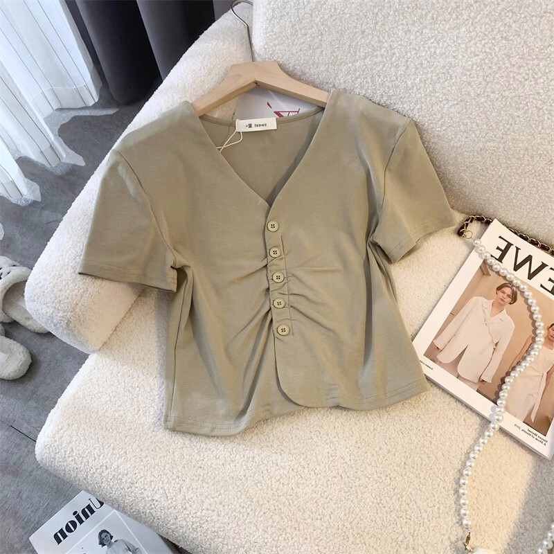 First-Line Brand Cut-Label Designer Sample Clothing V-Neck Short-Sleeve T-Shirt for Women, Summer Design, Niche Style, Slim-Fit Short Top First-Line Brand Cut-Label Designer Sample Clothing V-Neck Short-Sleeve T-Shirt for Women, Summer Design, Niche Style, Slim-Fit Short Top