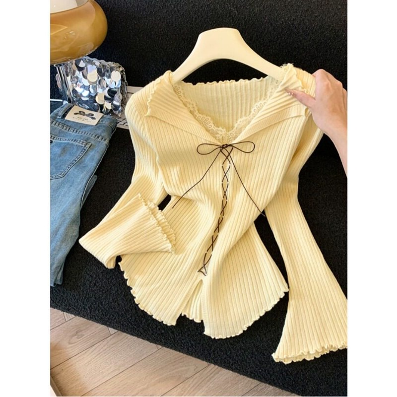 French V-Neck Lace Lace-Up Knitwear for Women Spring 2026 New Korean Chic Slim-Fitting Long-Sleeved Top
