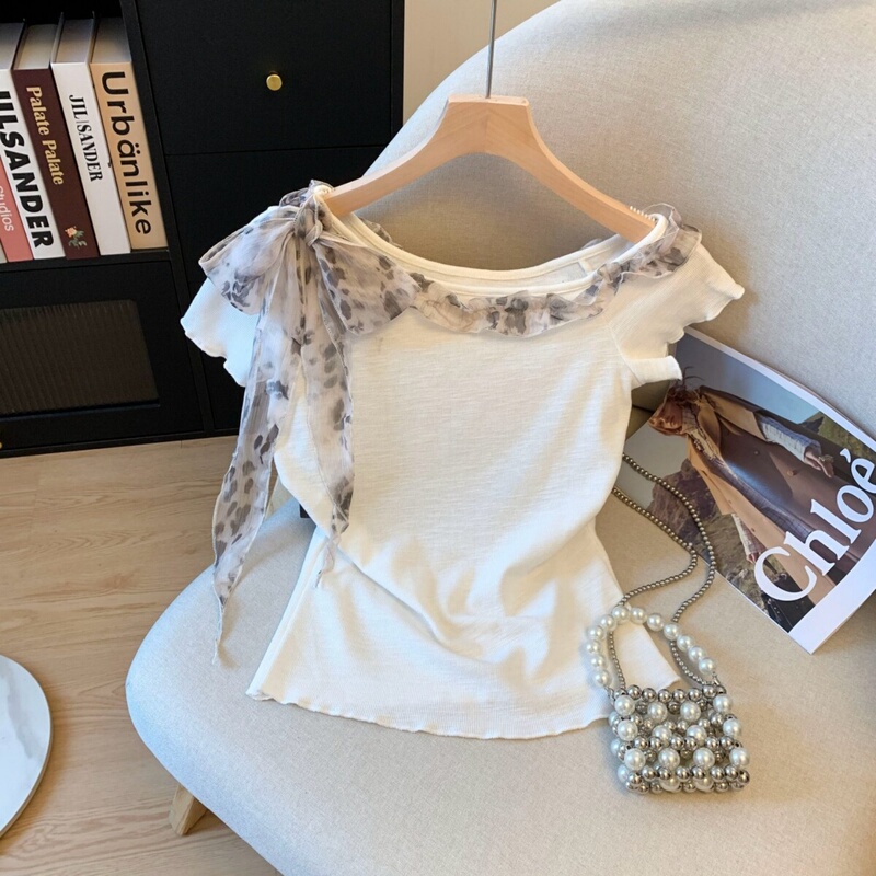 French Sweet and Spicy Style One-Shoulder Floral Lace-Up Chic Blouse for Women, New Summer Design, Off-Shoulder Short Top