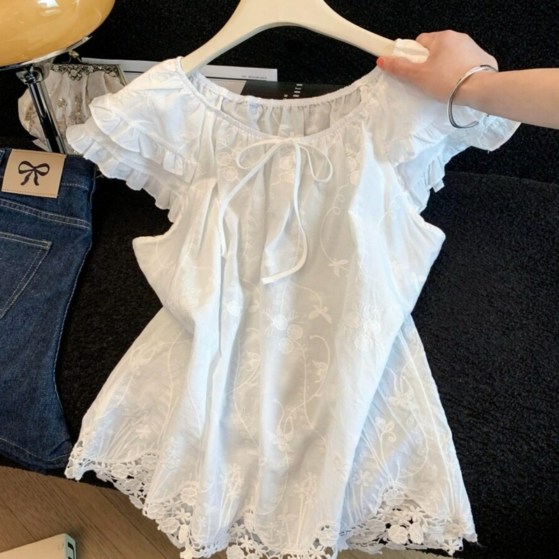 French Sweet Style Flutter-Sleeve White Shirt for Women, 2026 Summer New Embroidered Crochet Doll Shirt, Age-Reducing Top