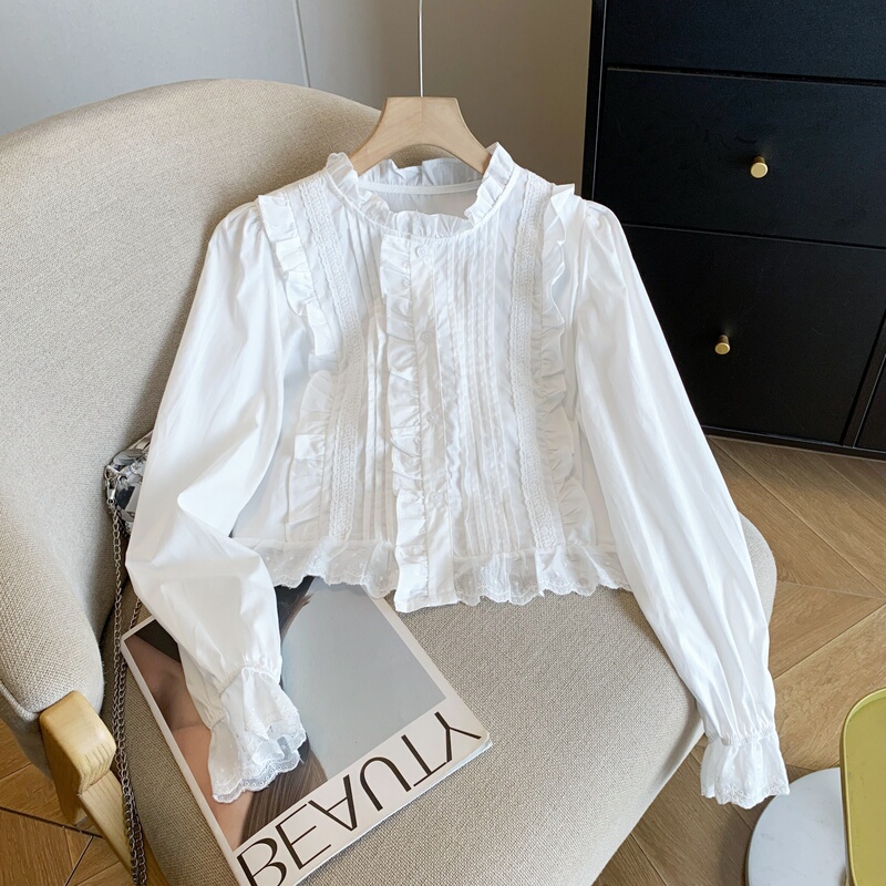 French-Style White Lace Ruffled Long-Sleeve Shirt for Women, Early Autumn 2026 New Model, Unique Pleated Bell-Sleeve Blouse