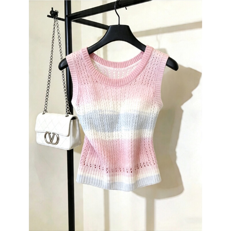 Shenzhen Nanyou High-End Women's Clothing Sweet Gradient Striped Knitted Vest Women's Summer Outerwear Sleeveless Short Top