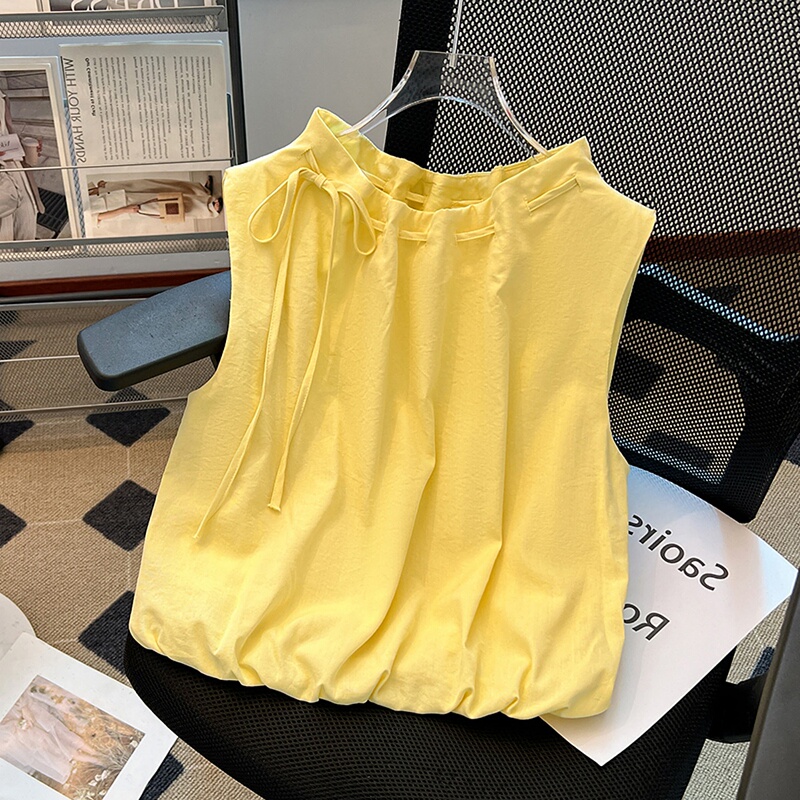 High-End Brand Clearance Dopamine Style Sleeveless Shirt for Women, Summer Design with Drawstring and Tie, Floral Top